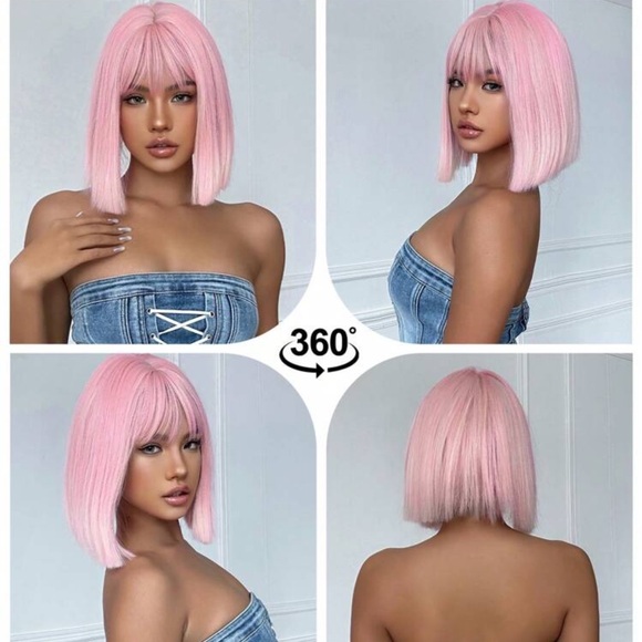 14 Inch Pink Ombre White Bob Wig With Bangs Synthetic Heat Resistant Wigs - Picture 2 of 4